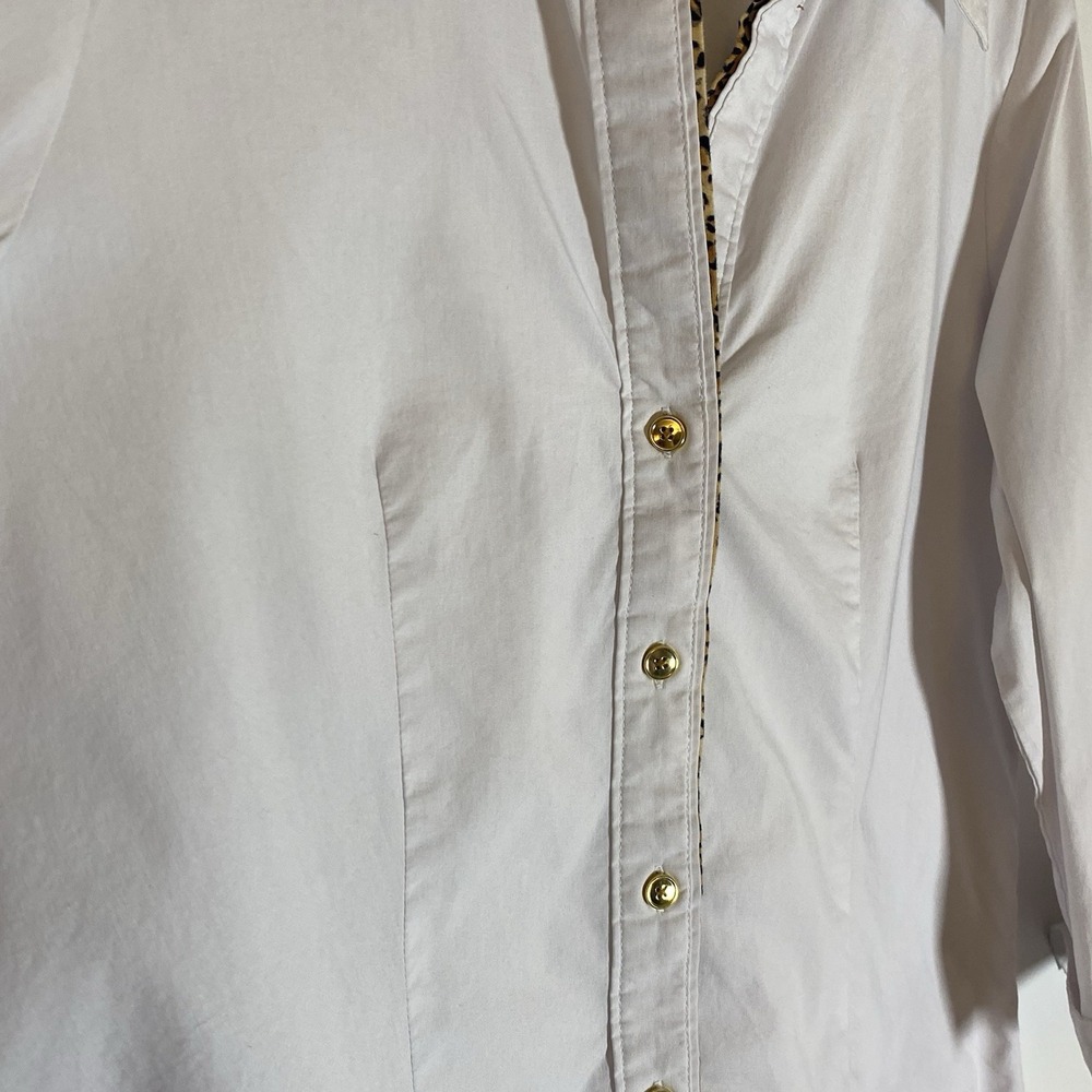 New Direction Top Womens Large White Leopard Trim Button Down Cuff Shirt Classic - Picture 9 of 16